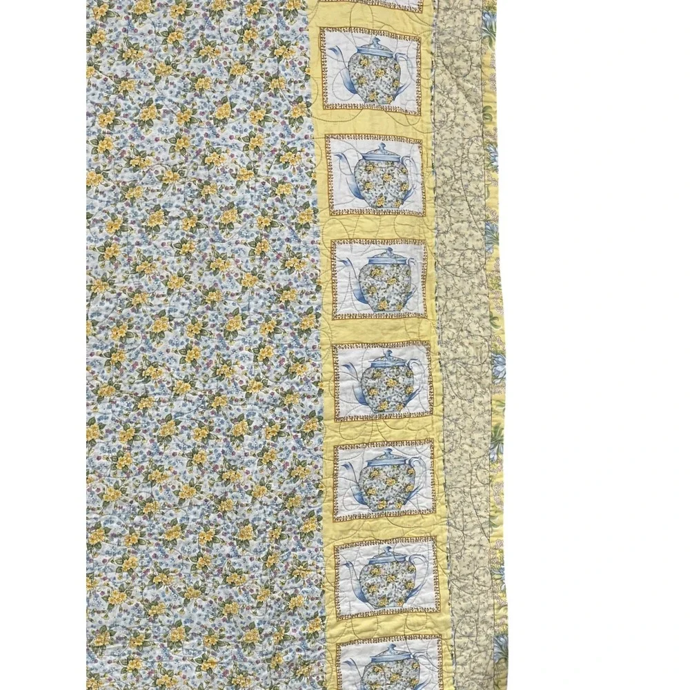 Handmade Yellow Patchwork Quilt Blue Floral Reversible Tea Cup Throw 42x66